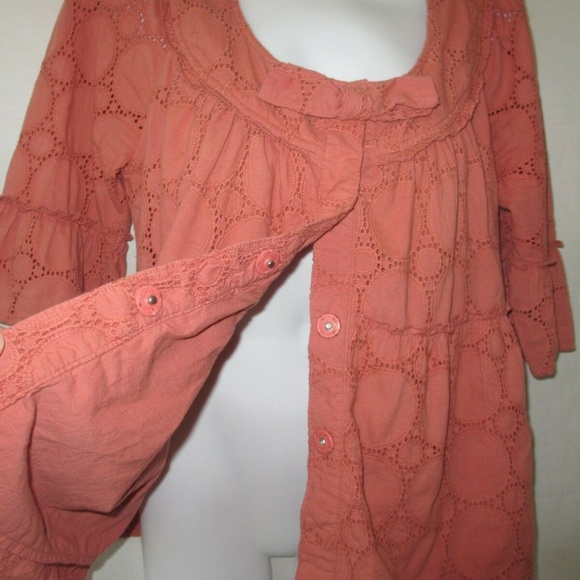 BLOUSE SHIRT TOP SIZE L 12 14 LARGE  3/4 long SLEEVES PINK RED SALMON - Picture 3 of 7